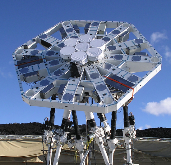 The first phase of AMiBA consisted of seven 0.6m antennas close-packed in the center of the 6m platfor